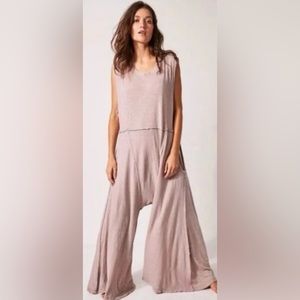 014.NWOT Free People Intimately Homebody cashmere pink Wide leg Harem Jumpsuit.